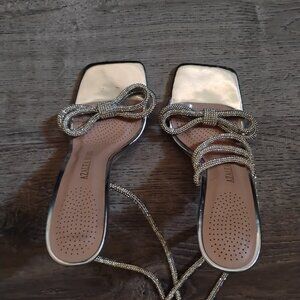 AZALEA WANG Silver Rhinestone Bow Lace-Up Heels - Size 7.5